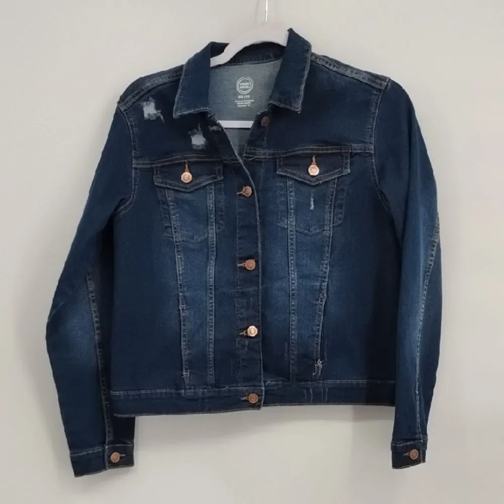 Wonder Nation Denim Jacket Dark Wash Distressed Stretchy Girls XXL 18